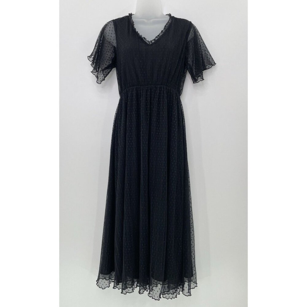 ZARA Women’s Dobby Mesh Lined Black Midi Dress Size Small V-Nec Whimsigoth